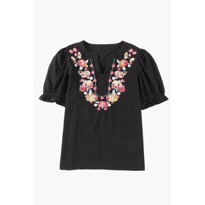 Womens Floral Embroidered Black Short Sleeve Blouse, 100% Cotton, Size S